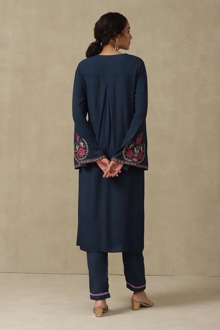 Shop_Ritu Kumar, Ri.Ritu Kumar, aarke Ritu Kumar_Blue Rayon, Chiffon Tassels, Embroidery Keyhole Neck Navy Kurta Set_at_Aza_Fashions