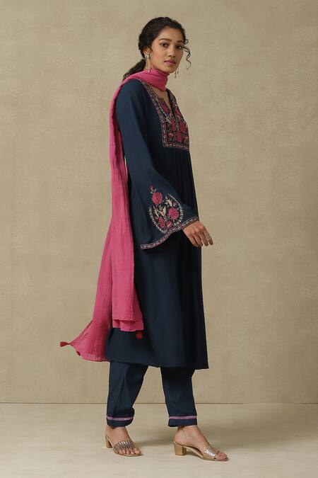 Ritu Kumar, Ri.Ritu Kumar, aarke Ritu Kumar_Blue Rayon, Chiffon Tassels, Embroidery Keyhole Neck Navy Kurta Set_Online_at_Aza_Fashions