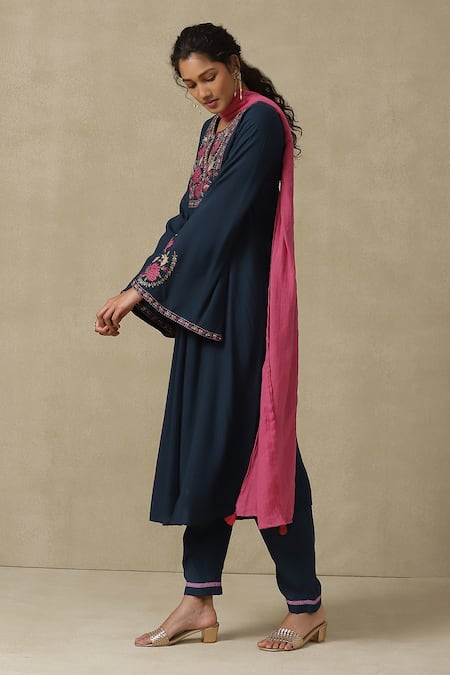 Buy_Ritu Kumar, Ri.Ritu Kumar, aarke Ritu Kumar_Blue Rayon, Chiffon Tassels, Embroidery Keyhole Neck Navy Kurta Set_Online_at_Aza_Fashions
