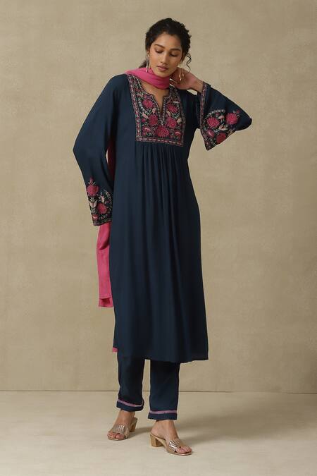 Shop_Ritu Kumar, Ri.Ritu Kumar, aarke Ritu Kumar_Blue Rayon, Chiffon Tassels, Embroidery Keyhole Neck Navy Kurta Set_Online_at_Aza_Fashions