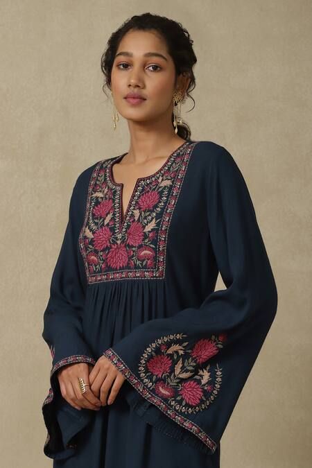 Ritu Kumar, Ri.Ritu Kumar, aarke Ritu Kumar_Blue Rayon, Chiffon Tassels, Embroidery Keyhole Neck Navy Kurta Set_at_Aza_Fashions