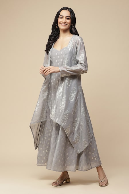 Aarke Ritu Kumar Grey Blended Printed Floral V Neck Layered Dress 