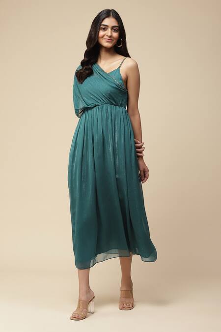 Buy Aarke Ritu Kumar Green Blended Stripe Woven Draped Dress