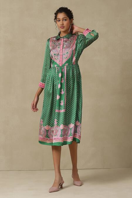 Buy Aarke Ritu Kumar Green Polyspan Floral Print Dress Online