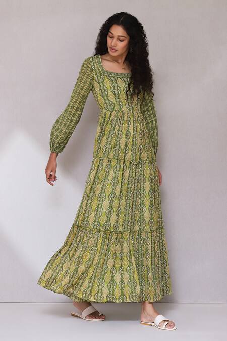 Buy Ritu Kumar, Ri.Ritu Kumar, aarke Ritu Kumar Green Blended Printed Geometric Square Neck Dress Online at Aza Fashions Buy_Ritu Kumar, Ri.Ritu Kumar, aarke Ritu Kumar_Green Blended Printed Geometric Square Neck Dress_Online_at_Aza_Fashions