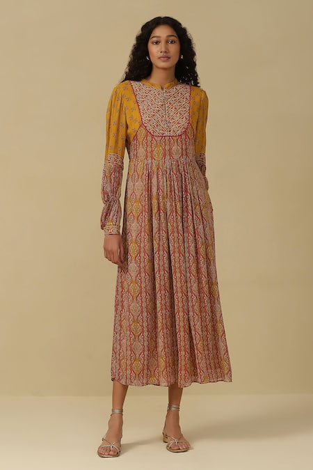 Aarke Ritu Kumar Yellow Blended Printed Geometric Mandarin Collar Dress 