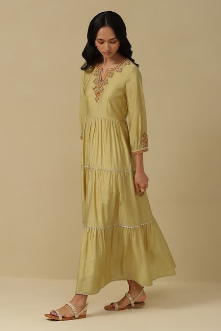 Aarke Ritu Kumar Yellow Blended Embroidery Thread Notched Floral Neckline Dress 