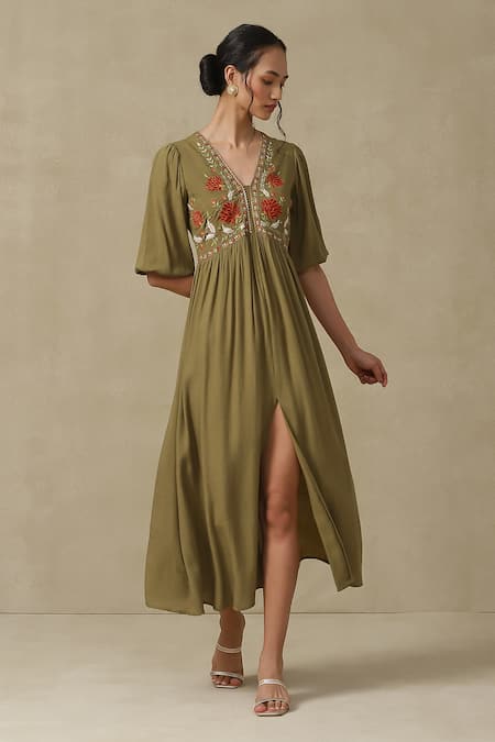 Buy Aarke Ritu Kumar Green Rayon Thread Yoke Embroidered Dress