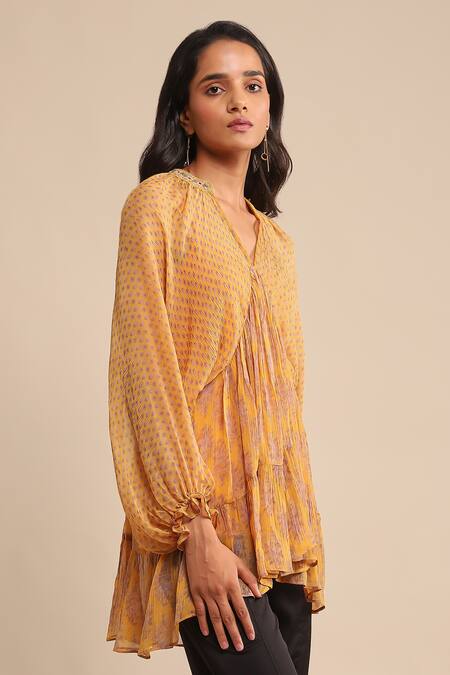Shop_Ritu Kumar_Yellow Viscose Embroidery V-neck Printed Kurta With Inner_Online_at_Aza_Fashions
