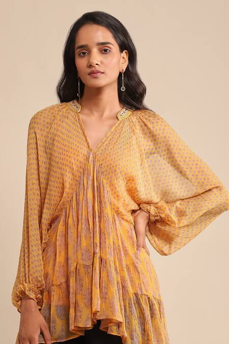 Ritu Kumar_Yellow Viscose Embroidery V-neck Printed Kurta With Inner_at_Aza_Fashions