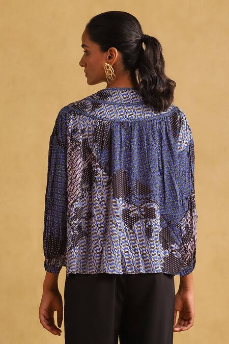 Shop Ritu Kumar Blue Viscose Button-down Neck Abstract Print Short Kurta at Aza Fashions Shop_Ritu Kumar_Blue Viscose Button-down Neck Abstract Print Short Kurta_at_Aza_Fashions