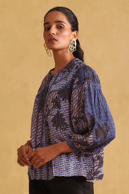 Ritu Kumar Blue Viscose Button-down Neck Abstract Print Short Kurta Online at Aza Fashions Ritu Kumar_Blue Viscose Button-down Neck Abstract Print Short Kurta_Online_at_Aza_Fashions