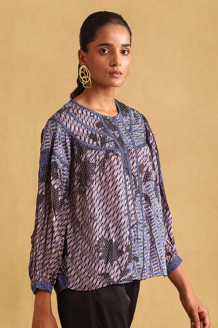 Buy Ritu Kumar Blue Viscose Button-down Neck Abstract Print Short Kurta Online at Aza Fashions Buy_Ritu Kumar_Blue Viscose Button-down Neck Abstract Print Short Kurta_Online_at_Aza_Fashions