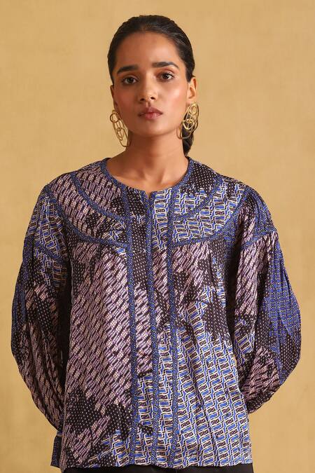 Shop Ritu Kumar Blue Viscose Button-down Neck Abstract Print Short Kurta Online at Aza Fashions Shop_Ritu Kumar_Blue Viscose Button-down Neck Abstract Print Short Kurta_Online_at_Aza_Fashions