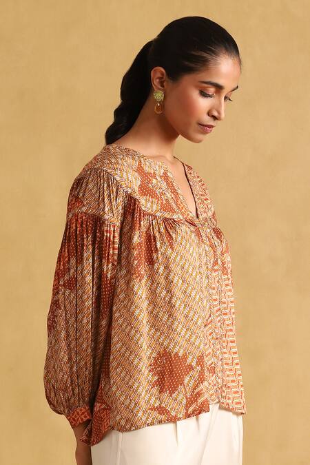 Shop_Ritu Kumar_Orange Viscose Keyhole Neck Abstract Print Kurta_Online_at_Aza_Fashions