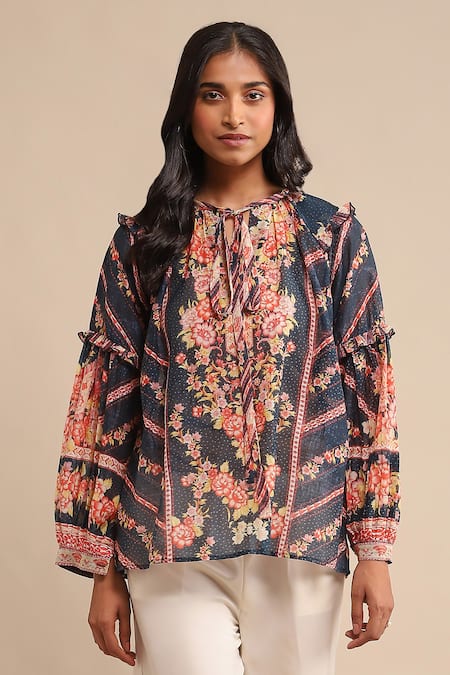 Ritu Kumar_Blue Viscose Embroidery Floral Pattern Short Kurta_Online_at_Aza_Fashions