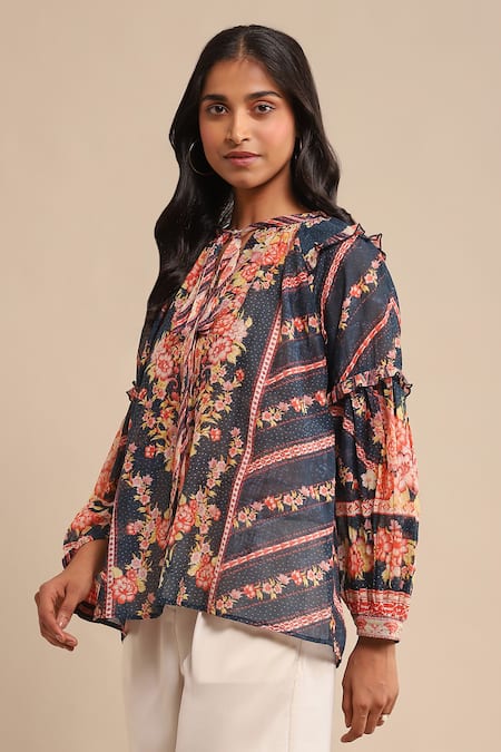 Buy_Ritu Kumar_Blue Viscose Embroidery Floral Pattern Short Kurta_Online_at_Aza_Fashions