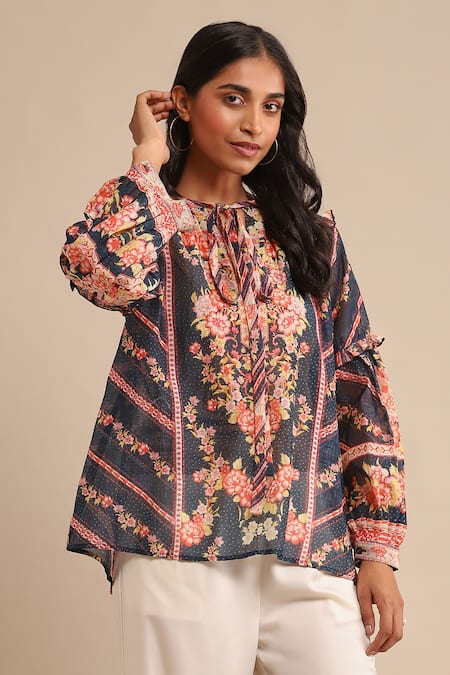 Shop_Ritu Kumar_Blue Viscose Embroidery Floral Pattern Short Kurta_Online_at_Aza_Fashions