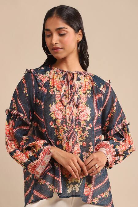 Ritu Kumar_Blue Viscose Embroidery Floral Pattern Short Kurta_at_Aza_Fashions