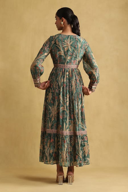 Shop Ritu Kumar Green Cotton, Silk V-neck Botanic Print Dress at Aza Fashions Shop_Ritu Kumar_Green Cotton, Silk V-neck Botanic Print Dress _at_Aza_Fashions