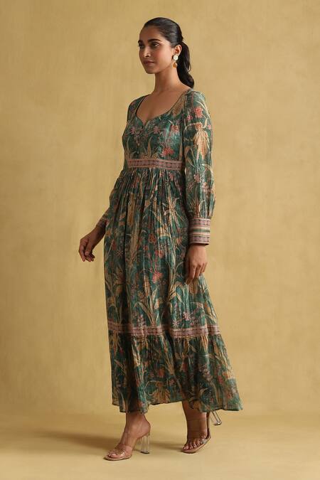 Ritu Kumar Green Cotton, Silk V-neck Botanic Print Dress Online at Aza Fashions Ritu Kumar_Green Cotton, Silk V-neck Botanic Print Dress _Online_at_Aza_Fashions