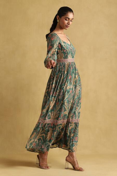 Buy Ritu Kumar Green Cotton, Silk V-neck Botanic Print Dress Online at Aza Fashions Buy_Ritu Kumar_Green Cotton, Silk V-neck Botanic Print Dress _Online_at_Aza_Fashions