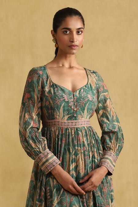 Shop Ritu Kumar Green Cotton, Silk V-neck Botanic Print Dress Online at Aza Fashions Shop_Ritu Kumar_Green Cotton, Silk V-neck Botanic Print Dress _Online_at_Aza_Fashions
