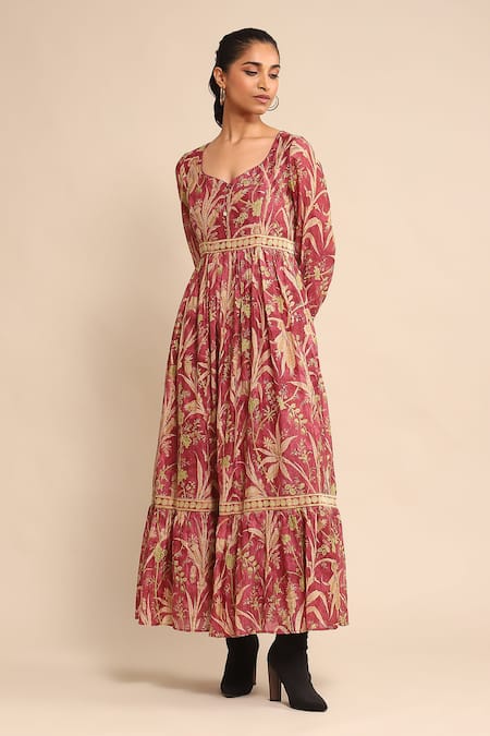 Ritu Kumar Red Cotton, Silk Embroidery V-neck Botanic Print Flared Dress