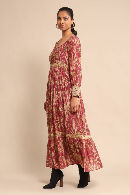 Ritu Kumar_Red Cotton, Silk Embroidery V-neck Botanic Print Flared Dress _Online_at_Aza_Fashions