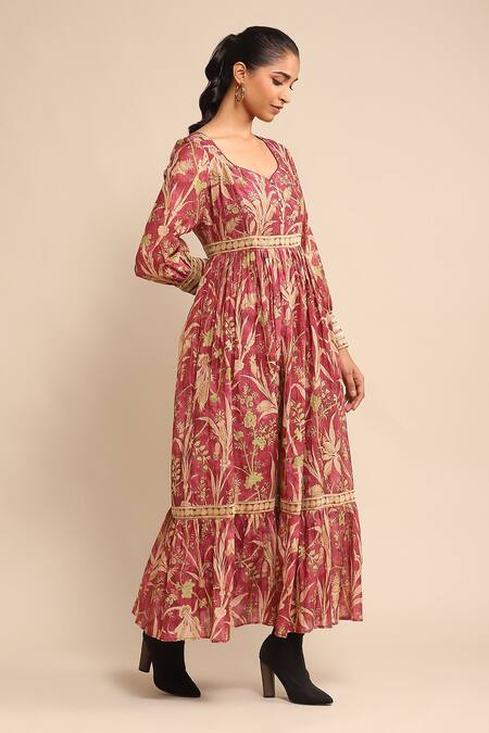 Buy_Ritu Kumar_Red Cotton, Silk Embroidery V-neck Botanic Print Flared Dress _Online_at_Aza_Fashions