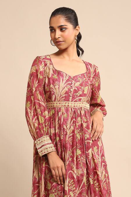 Shop_Ritu Kumar_Red Cotton, Silk Embroidery V-neck Botanic Print Flared Dress _Online_at_Aza_Fashions