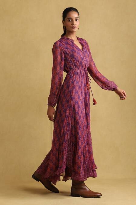 Buy_Ritu Kumar_Purple Chiffon Printed Floral Frill Maxi Dress_Online_at_Aza_Fashions
