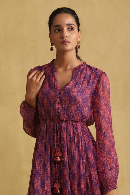 Shop_Ritu Kumar_Purple Chiffon Printed Floral Frill Maxi Dress_Online_at_Aza_Fashions