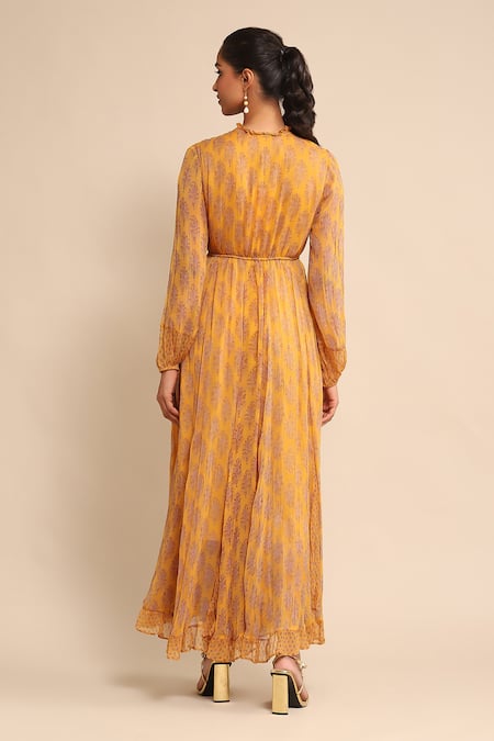 Shop Ritu Kumar Yellow Chiffon Asymmetric Floral Print Frill Neck Dress at Aza Fashions Shop_Ritu Kumar_Yellow Chiffon Asymmetric Floral Print Frill Neck Dress _at_Aza_Fashions
