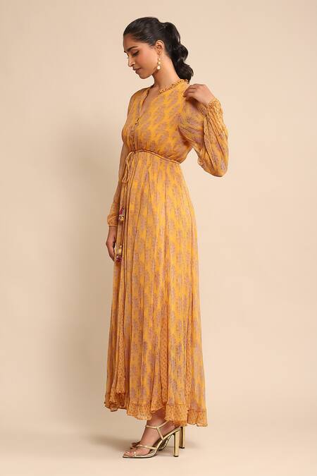 Ritu Kumar Yellow Chiffon Asymmetric Floral Print Frill Neck Dress Online at Aza Fashions Ritu Kumar_Yellow Chiffon Asymmetric Floral Print Frill Neck Dress _Online_at_Aza_Fashions