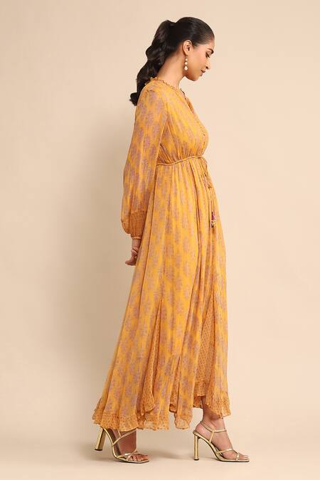 Buy Ritu Kumar Yellow Chiffon Asymmetric Floral Print Frill Neck Dress Online at Aza Fashions Buy_Ritu Kumar_Yellow Chiffon Asymmetric Floral Print Frill Neck Dress _Online_at_Aza_Fashions