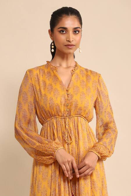 Shop Ritu Kumar Yellow Chiffon Asymmetric Floral Print Frill Neck Dress Online at Aza Fashions Shop_Ritu Kumar_Yellow Chiffon Asymmetric Floral Print Frill Neck Dress _Online_at_Aza_Fashions