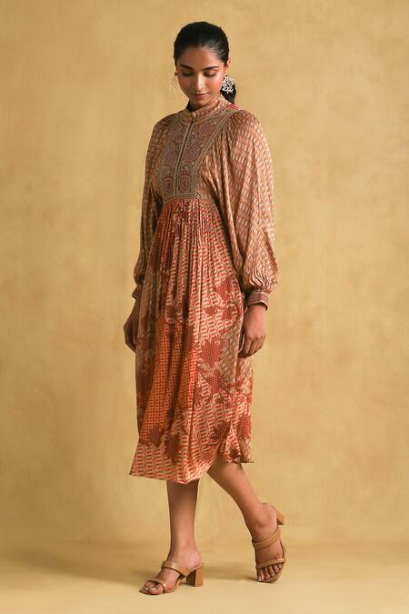 Ritu Kumar_Orange Viscose Embroidery Mandarin Collar Micro Print And Dress _Online_at_Aza_Fashions