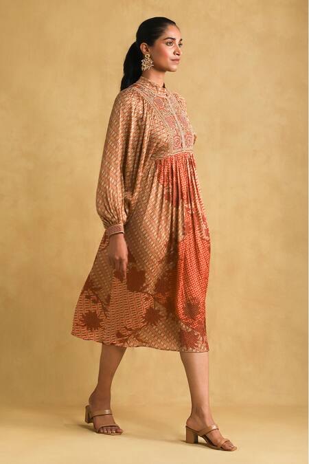 Buy_Ritu Kumar_Orange Viscose Embroidery Mandarin Collar Micro Print And Dress _Online_at_Aza_Fashions