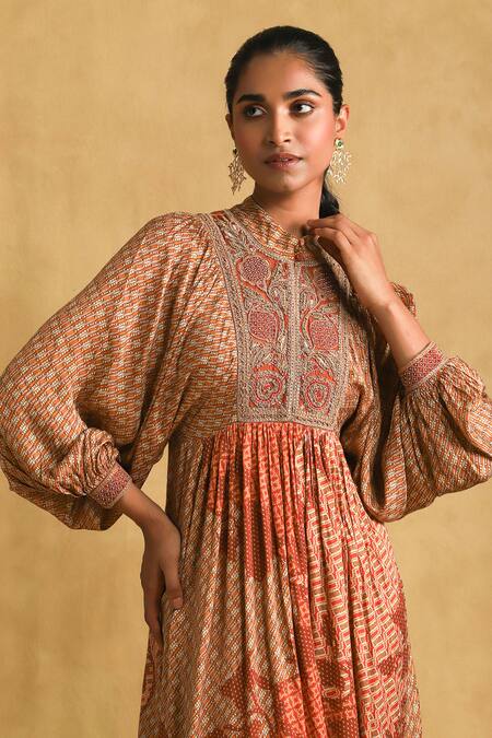 Shop_Ritu Kumar_Orange Viscose Embroidery Mandarin Collar Micro Print And Dress _Online_at_Aza_Fashions