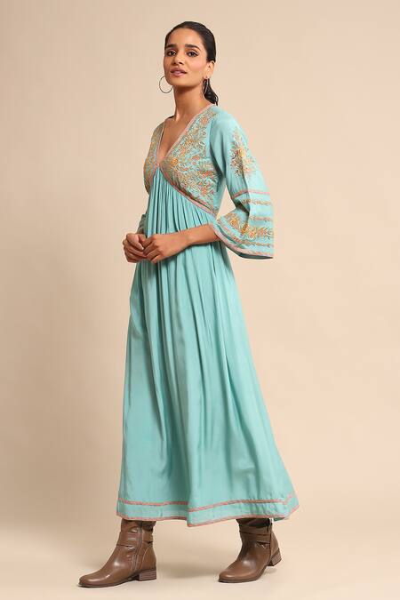 Ritu Kumar_Blue Viscose Embroidery V-neck Floral Bell Sleeve Dress _Online_at_Aza_Fashions