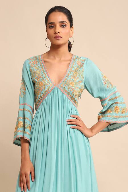 Shop_Ritu Kumar_Blue Viscose Embroidery V-neck Floral Bell Sleeve Dress _Online_at_Aza_Fashions