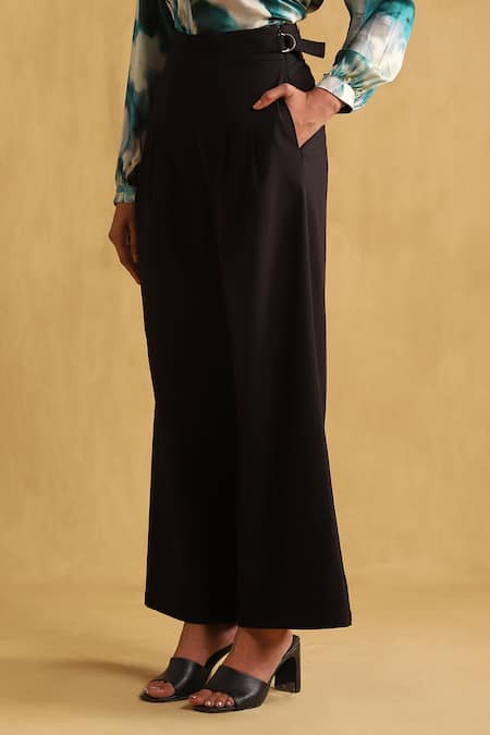 Ritu Kumar_Black Polyester, Spandex Wide-legged Pleated Trouser_Online_at_Aza_Fashions