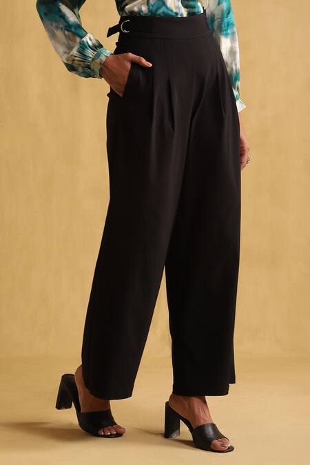 Buy_Ritu Kumar_Black Polyester, Spandex Wide-legged Pleated Trouser_Online_at_Aza_Fashions