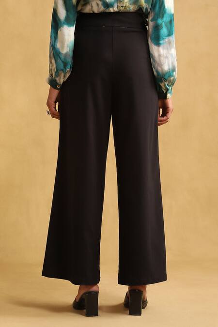 Shop_Ritu Kumar_Black Polyester, Spandex Wide-legged Pleated Trouser_Online_at_Aza_Fashions