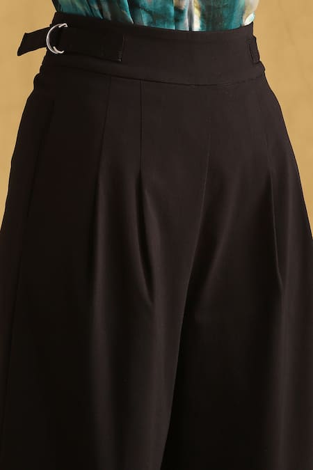 Ritu Kumar_Black Polyester, Spandex Wide-legged Pleated Trouser_at_Aza_Fashions