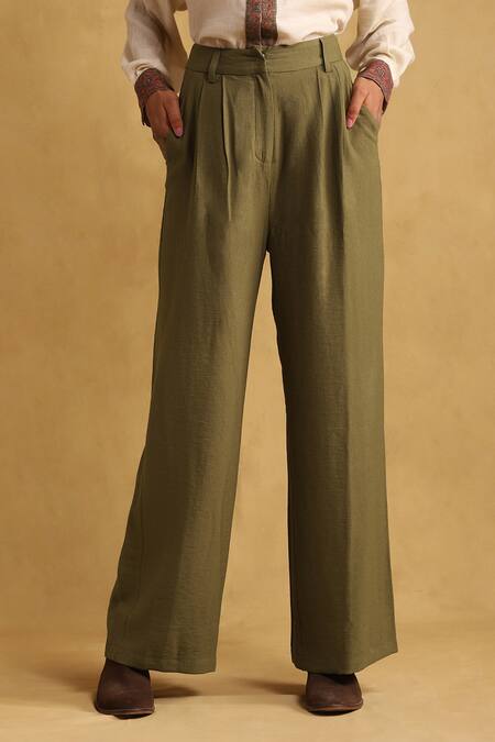 Shop Ritu Kumar Green Rayon Solid Wide-legged Trouser at Aza Fashions Shop_Ritu Kumar_Green Rayon Solid Wide-legged Trouser_at_Aza_Fashions