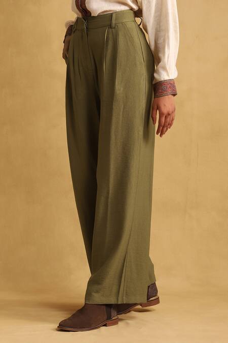 Ritu Kumar Green Rayon Solid Wide-legged Trouser Online at Aza Fashions Ritu Kumar_Green Rayon Solid Wide-legged Trouser_Online_at_Aza_Fashions