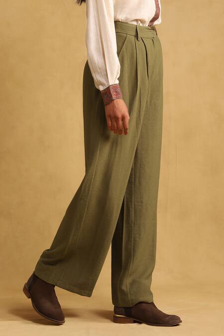 Buy Ritu Kumar Green Rayon Solid Wide-legged Trouser Online at Aza Fashions Buy_Ritu Kumar_Green Rayon Solid Wide-legged Trouser_Online_at_Aza_Fashions