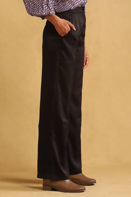 Ritu Kumar_Black Rayon Plain Wide-legged Trouser_Online_at_Aza_Fashions